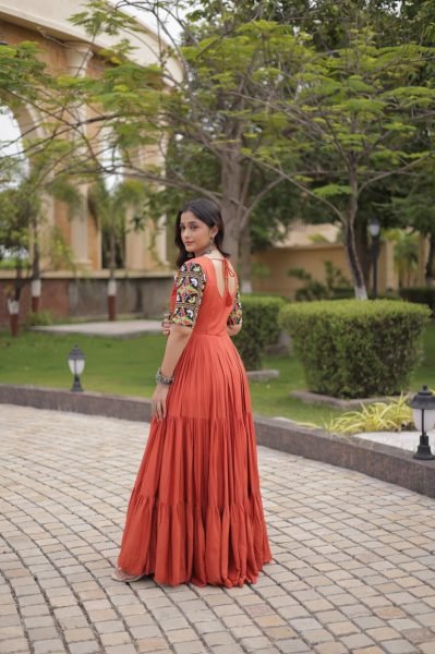 Captivating Rust Marina Silk Embroidered Kurti with Matching Pant and Maslin Dupatta Anarkali Kurtis 