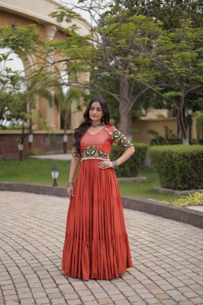 Captivating Rust Marina Silk Embroidered Kurti with Matching Pant and Maslin Dupatta Anarkali Kurtis 