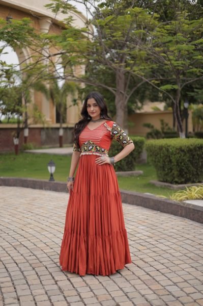 Captivating Rust Marina Silk Embroidered Kurti with Matching Pant and Maslin Dupatta Anarkali Kurtis 