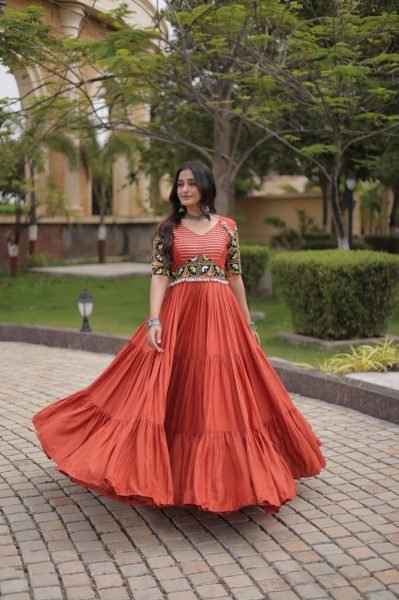 Captivating Rust Marina Silk Embroidered Kurti with Matching Pant and Maslin Dupatta Anarkali Kurtis 