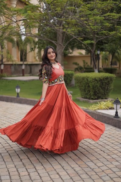 Captivating Rust Marina Silk Embroidered Kurti with Matching Pant and Maslin Dupatta Anarkali Kurtis 