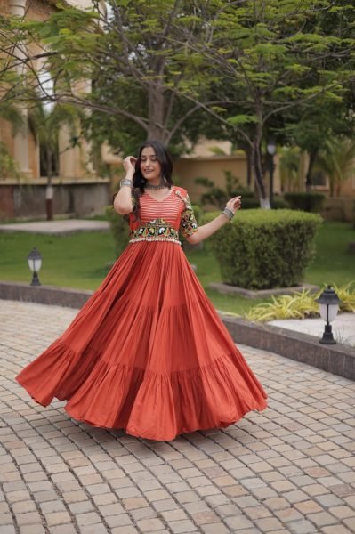 Captivating Rust Marina Silk Embroidered Kurti with Matching Pant and Maslin Dupatta Anarkali Kurtis 