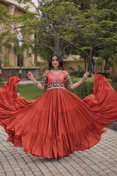 Captivating Rust Marina Silk Embroidered Kurti with Matching Pant and Maslin Dupatta Anarkali Kurtis 