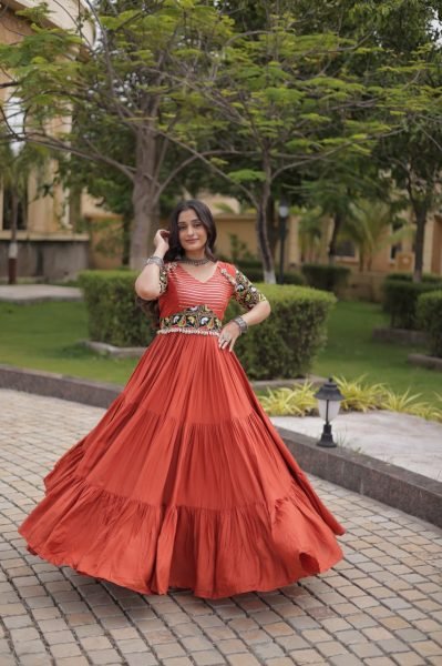 Captivating Rust Marina Silk Embroidered Kurti with Matching Pant and Maslin Dupatta Anarkali Kurtis 
