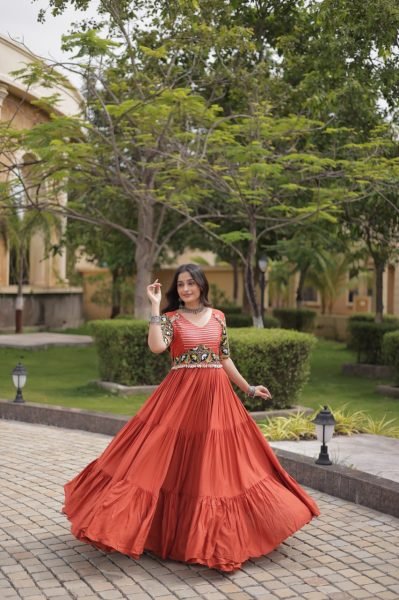 Captivating Rust Marina Silk Embroidered Kurti with Matching Pant and Maslin Dupatta Anarkali Kurtis 