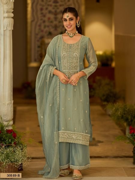 Captivating Sage Green Designer Salsa Silk Embroidery Palazzo Suit with Matching Dupatta For Wedding 