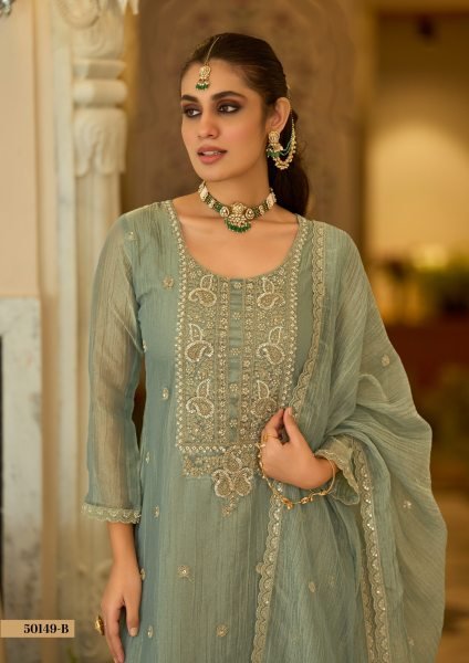 Captivating Sage Green Designer Salsa Silk Embroidery Palazzo Suit with Matching Dupatta For Wedding Designer Plazzo Salwar Suits Wholesale