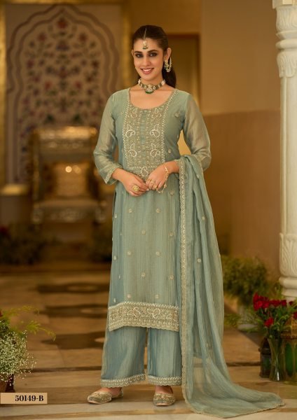 Captivating Sage Green Designer Salsa Silk Embroidery Palazzo Suit with Matching Dupatta For Wedding Designer Plazzo Salwar Suits Wholesale