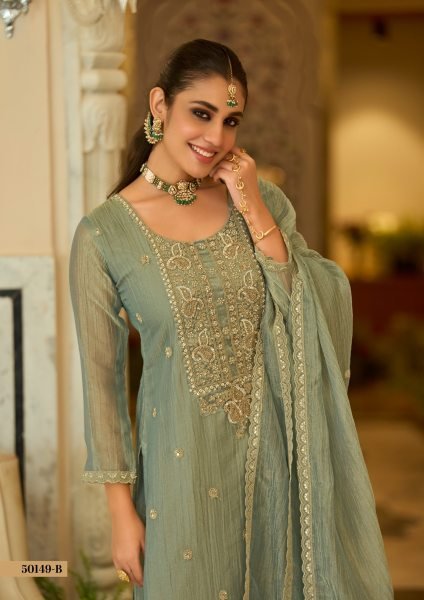 Captivating Sage Green Designer Salsa Silk Embroidery Palazzo Suit with Matching Dupatta For Wedding Designer Plazzo Salwar Suits Wholesale