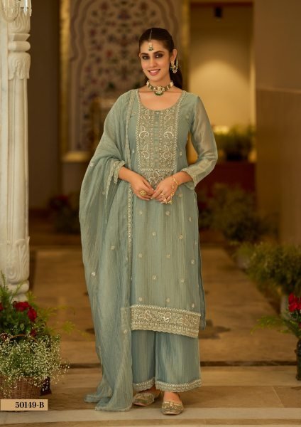 Captivating Sage Green Designer Salsa Silk Embroidery Palazzo Suit with Matching Dupatta For Wedding Designer Plazzo Salwar Suits Wholesale