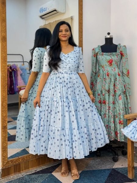 Captivating Sky Blue Chanderi Cotton Floral Maxi Dress with Comfortable Full Lining Kurtis