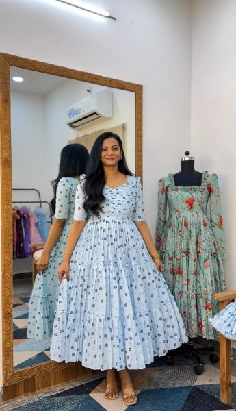 Captivating Sky Blue Chanderi Cotton Floral Maxi Dress with Comfortable Full Lining Western Ladies Top Wholesale