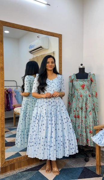 Captivating Sky Blue Chanderi Cotton Floral Maxi Dress with Comfortable Full Lining Western Ladies Top Wholesale