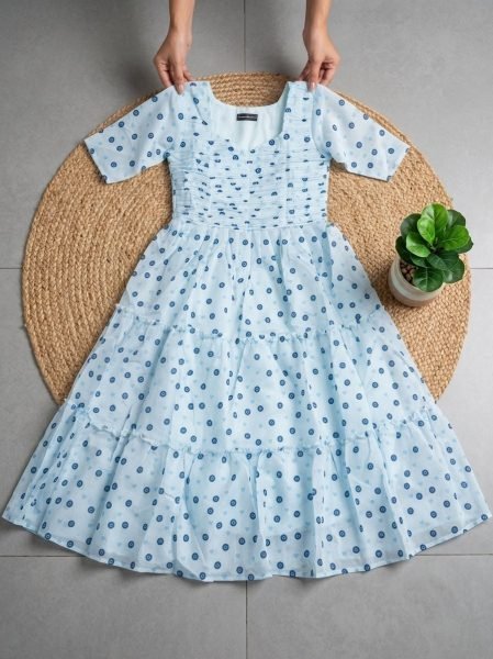 Captivating Sky Blue Chanderi Cotton Floral Maxi Dress with Comfortable Full Lining Western Ladies Top Wholesale