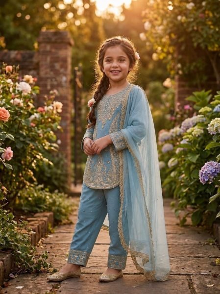 Captivating Sky Blue Designer Girls Sharara Set with Heavy Embroidery and Butter Net Dupatta Girls Wear