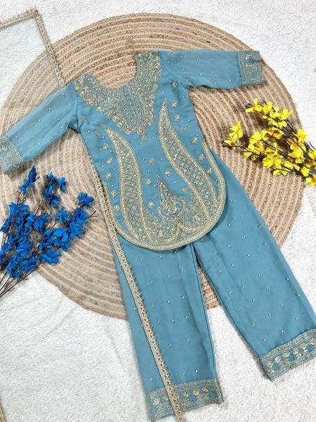 Captivating Sky Blue Designer Girls Sharara Set with Heavy Embroidery and Butter Net Dupatta Girls Wear
