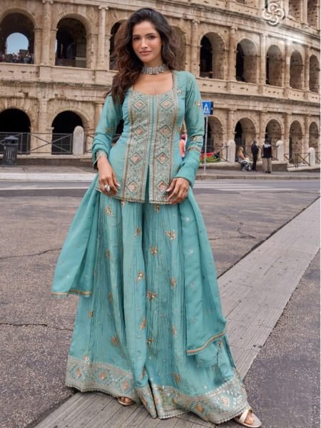 Captivating Sky Blue Heavy Chinon Embroidered Top with Matching Palazzo and Dupatta Salwar Kameez