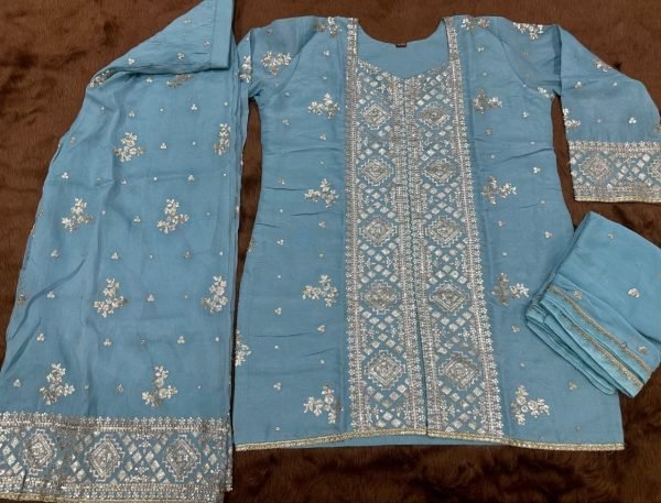 Captivating Sky Blue Heavy Chinon Embroidered Top with Matching Palazzo and Dupatta Designer Plazzo Salwar Suits Wholesale