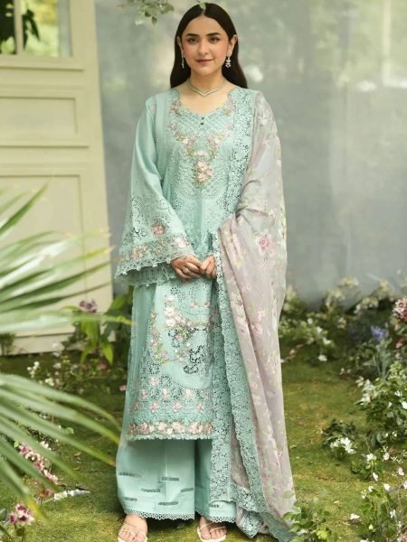 Captivating Sky Blue Lawn Cotton Embroidered Suit Set by Deepsy with Elegant Dupatta 