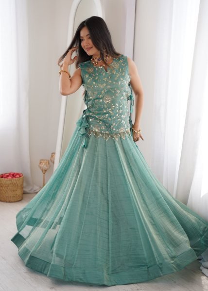 Captivating Sky Blue Salsa Crush Lehenga with Embroidered Koti for Navratri Nights Designer Lehenga Choli