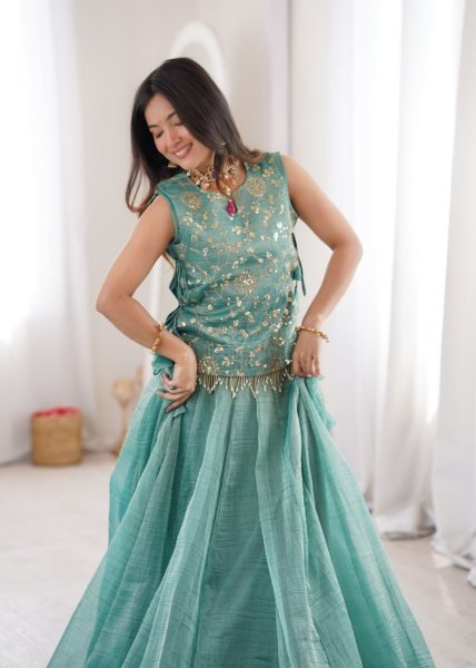 Captivating Sky Blue Salsa Crush Lehenga with Embroidered Koti for Navratri Nights Designer Lehenga Choli