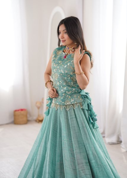 Captivating Sky Blue Salsa Crush Lehenga with Embroidered Koti for Navratri Nights Designer Lehenga Choli