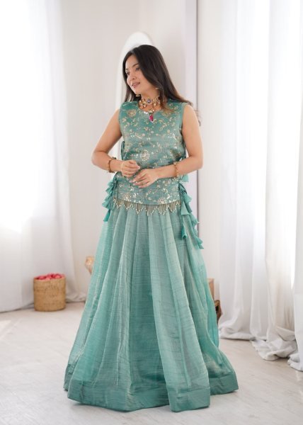 Captivating Sky Blue Salsa Crush Lehenga with Embroidered Koti for Navratri Nights Designer Lehenga Choli