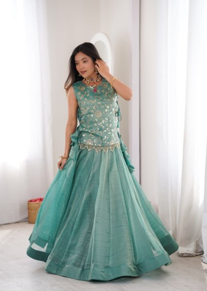 Captivating Sky Blue Salsa Crush Lehenga with Embroidered Koti for Navratri Nights Designer Lehenga Choli