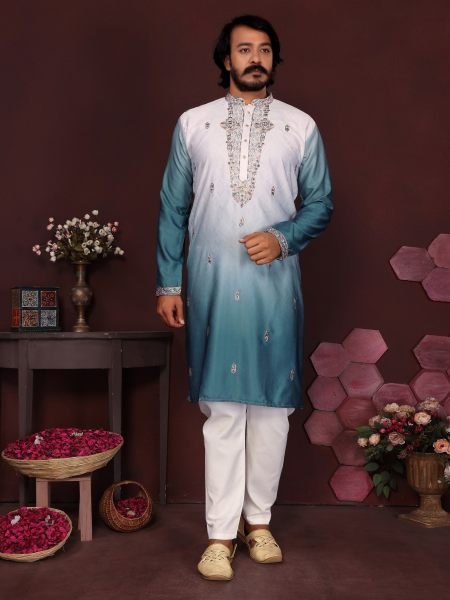 Captivating Teal Blue Designer Cotton Silk Kurta Pyjama Set for Men Mens Wear