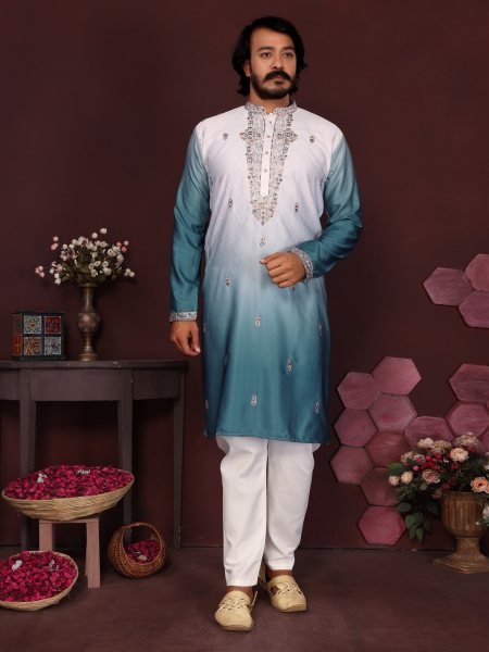 Captivating Teal Blue Designer Cotton Silk Kurta Pyjama Set for Men Kurta Pajama Wholesale