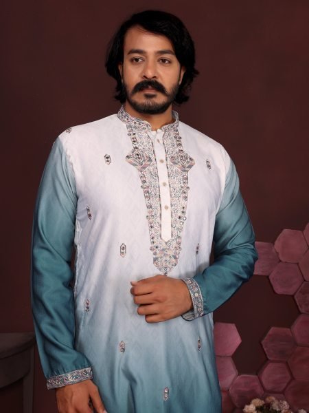 Captivating Teal Blue Designer Cotton Silk Kurta Pyjama Set for Men Kurta Pajama Wholesale