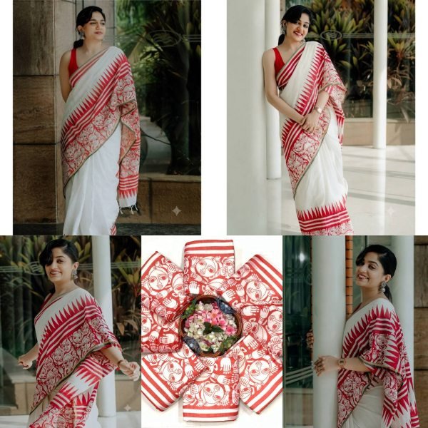Captivating White Designer Linen Cotton Doll Print Saree with Matching Blouse For Bulk Order Printed Cotton Sarees Wholesale