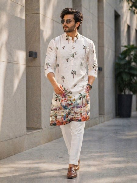 Captivating White Mens Cotton Kurta with Digital Print and Crochet Sequins Work Mens Wear