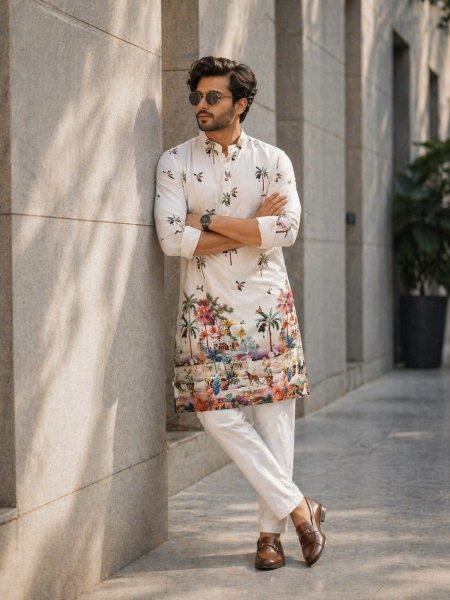 Captivating White Mens Cotton Kurta with Digital Print and Crochet Sequins Work Kurta Pajama Wholesale
