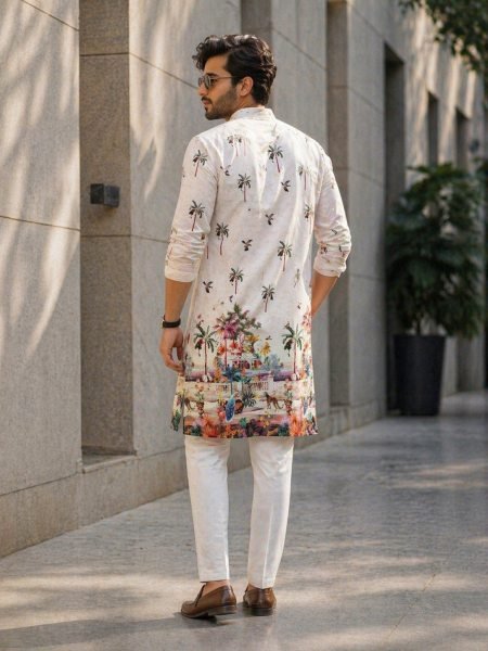 Captivating White Mens Cotton Kurta with Digital Print and Crochet Sequins Work Kurta Pajama Wholesale