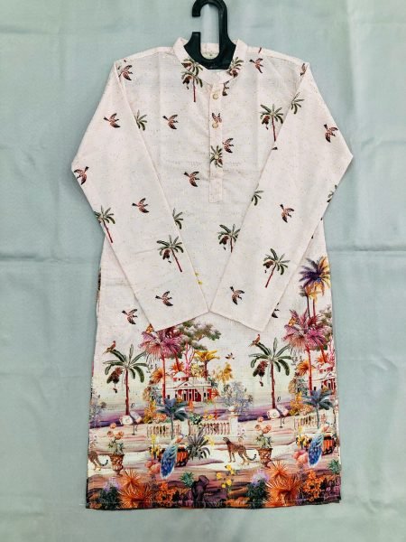 Captivating White Mens Cotton Kurta with Digital Print and Crochet Sequins Work Kurta Pajama Wholesale