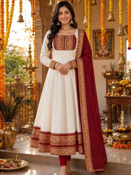 Captivating White Onam Cotton Chanderi Maxi Dress with Dupatta and Jacquard Silk Border 