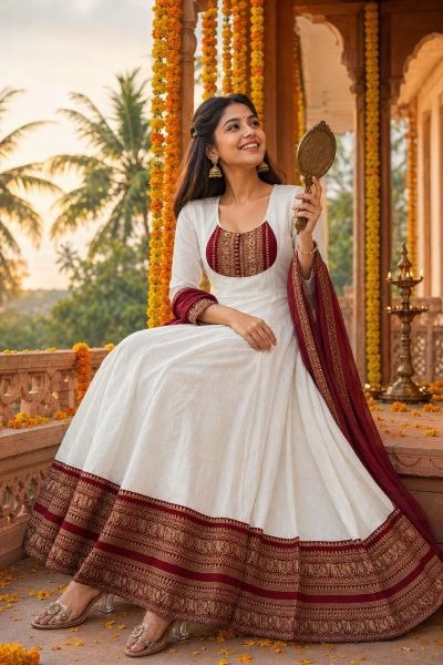 Captivating White Onam Cotton Chanderi Maxi Dress with Dupatta and Jacquard Silk Border Anarkali Kurtis 