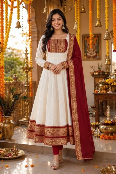 Captivating White Onam Cotton Chanderi Maxi Dress with Dupatta and Jacquard Silk Border Anarkali Kurtis 