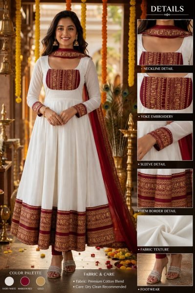 Captivating White Onam Cotton Chanderi Maxi Dress with Dupatta and Jacquard Silk Border Anarkali Kurtis 