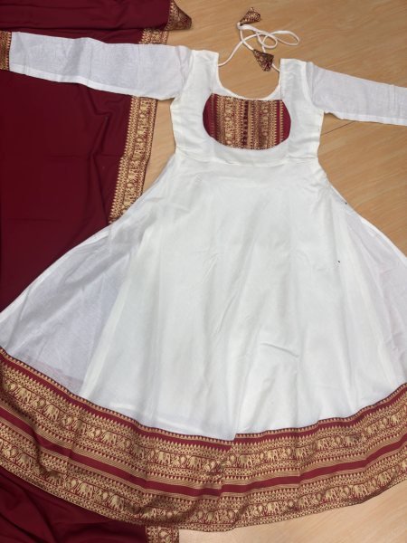 Captivating White Onam Cotton Chanderi Maxi Dress with Dupatta and Jacquard Silk Border Anarkali Kurtis 