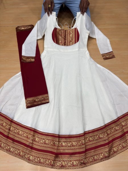 Captivating White Onam Cotton Chanderi Maxi Dress with Dupatta and Jacquard Silk Border Anarkali Kurtis 