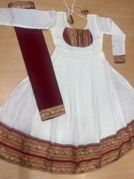 Captivating White Onam Cotton Chanderi Maxi Dress with Dupatta and Jacquard Silk Border Anarkali Kurtis 