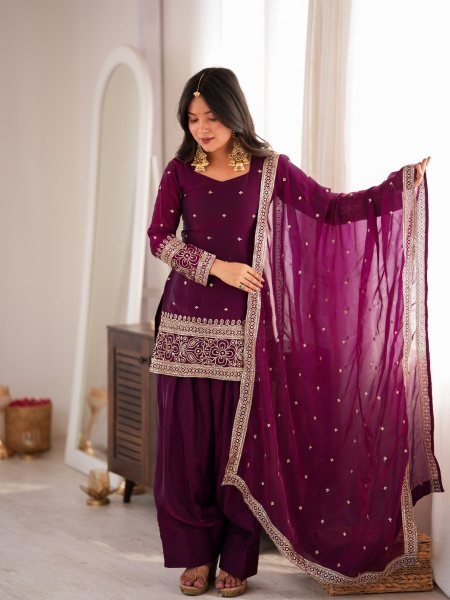 Captivating Wine Boutique Style Crunchy Silk Kurta Set with Fancy Back Dori Design 