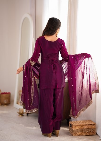 Captivating Wine Boutique Style Crunchy Silk Kurta Set with Fancy Back Dori Design Ready To Wear Collection