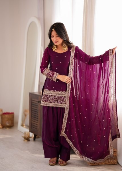 Captivating Wine Boutique Style Crunchy Silk Kurta Set with Fancy Back Dori Design Ready To Wear Collection
