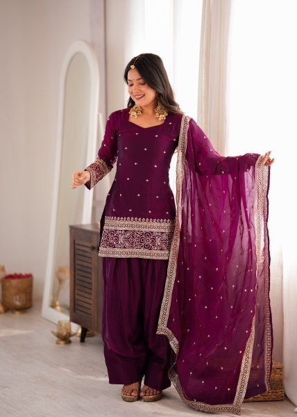 Captivating Wine Boutique Style Crunchy Silk Kurta Set with Fancy Back Dori Design Ready To Wear Collection