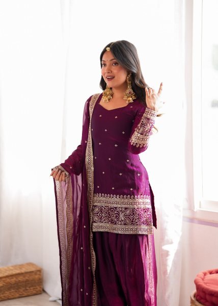 Captivating Wine Boutique Style Crunchy Silk Kurta Set with Fancy Back Dori Design Ready To Wear Collection