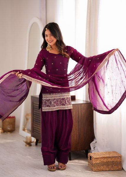 Captivating Wine Boutique Style Crunchy Silk Kurta Set with Fancy Back Dori Design Ready To Wear Collection
