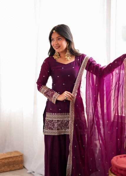 Captivating Wine Boutique Style Crunchy Silk Kurta Set with Fancy Back Dori Design Ready To Wear Collection